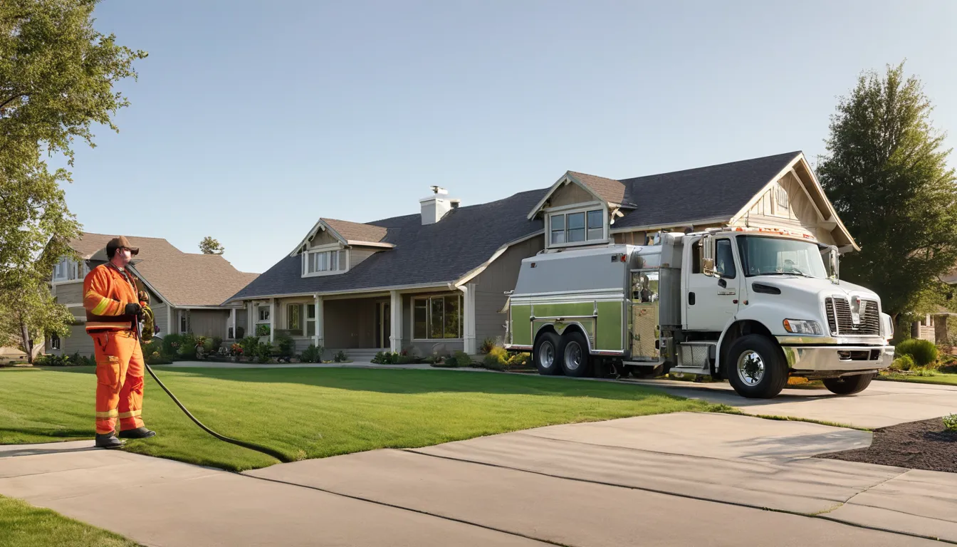 A septic service truck parked by a ranch home near Overland Park on a clear day