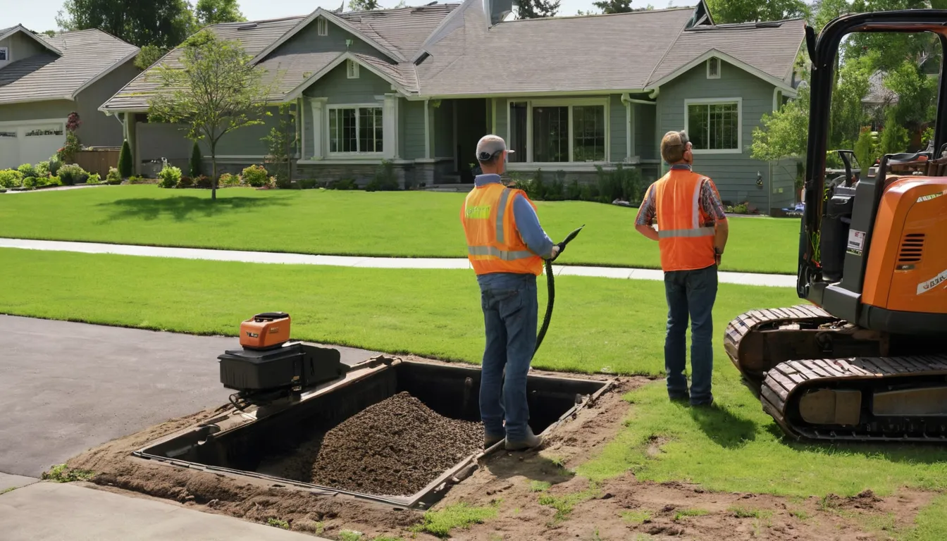 A local sewer line provider reviewing camera footage with a homeowner beside an open yard cleanout in the Overland Park area